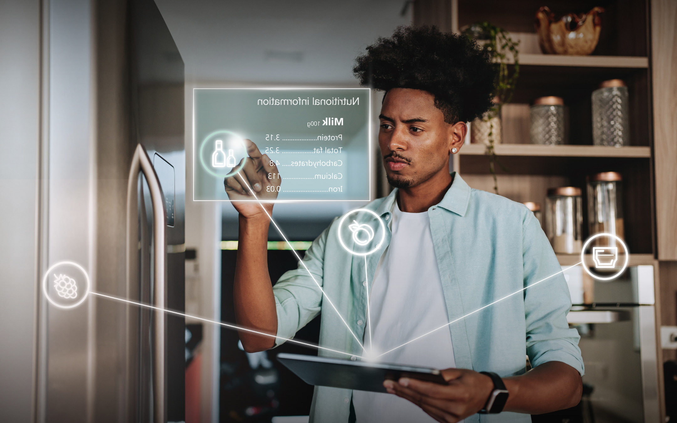 A professional using a tablet and interactive holographic data, demonstrating how AI leadership strategies empower employees through augmented intelligence and better decision-making.